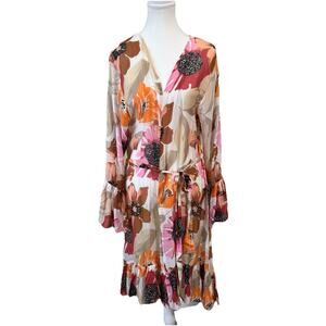 Aratta Silent Journey Boho Floral Kimono Dress Duster Belted Ruffle Hem – Med
